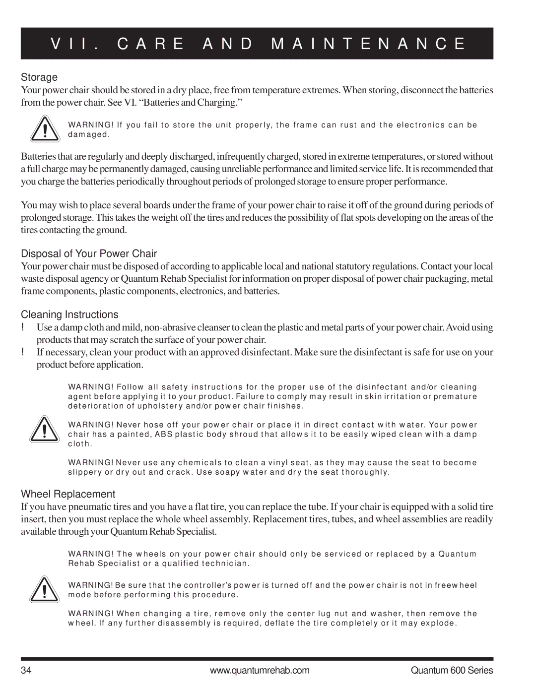 Pride Mobility 600 SP manual Storage, Disposal of Your Power Chair, Cleaning Instructions, Wheel Replacement 