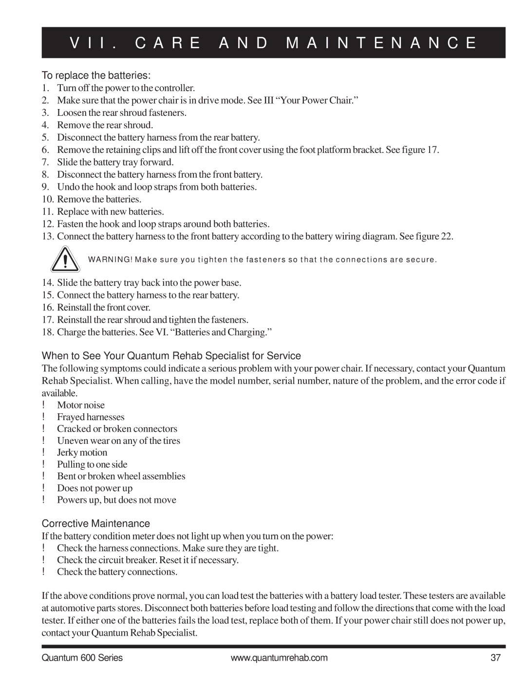 Pride Mobility 600 SP manual To replace the batteries, When to See Your Quantum Rehab Specialist for Service 