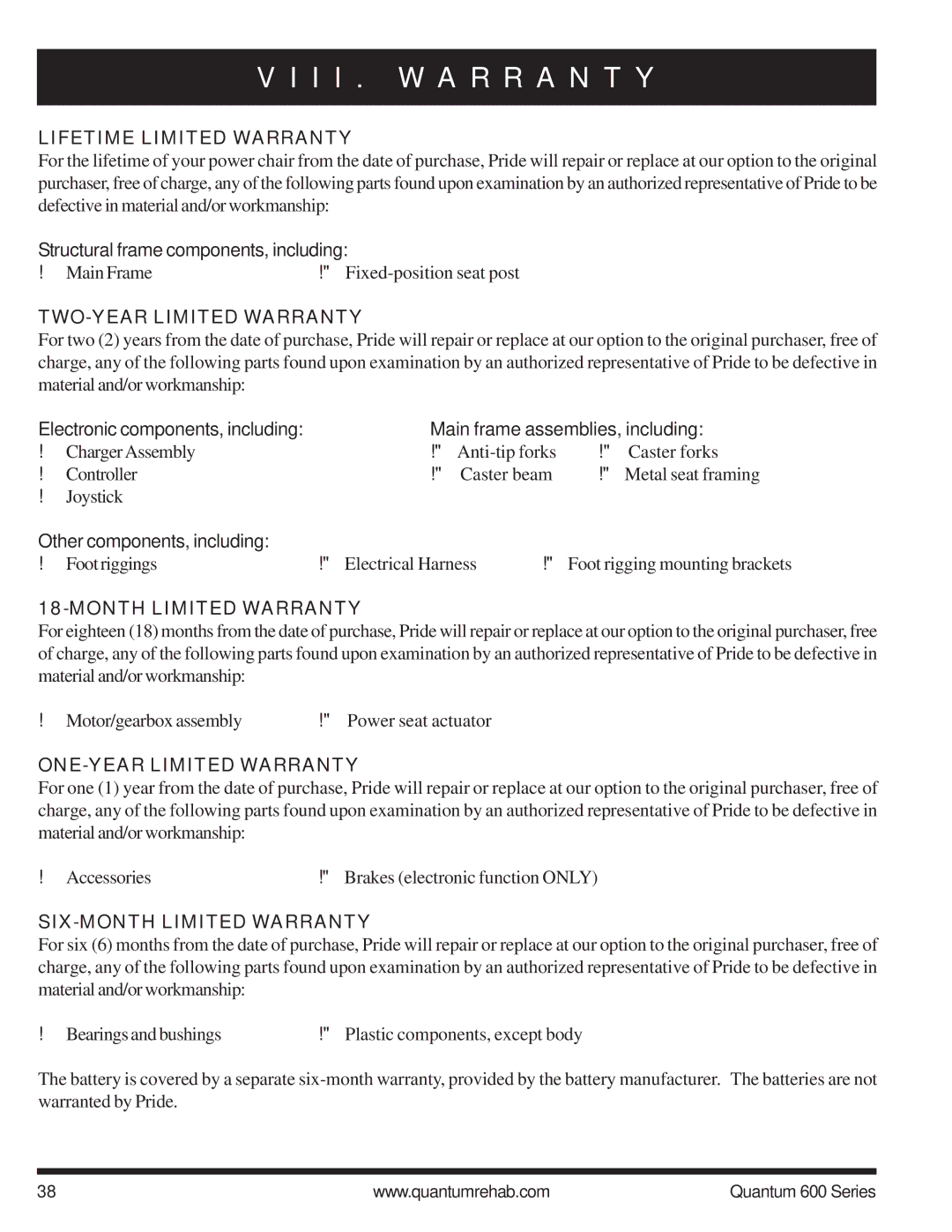 Pride Mobility 600 SP manual I I . W a R R a N T Y 