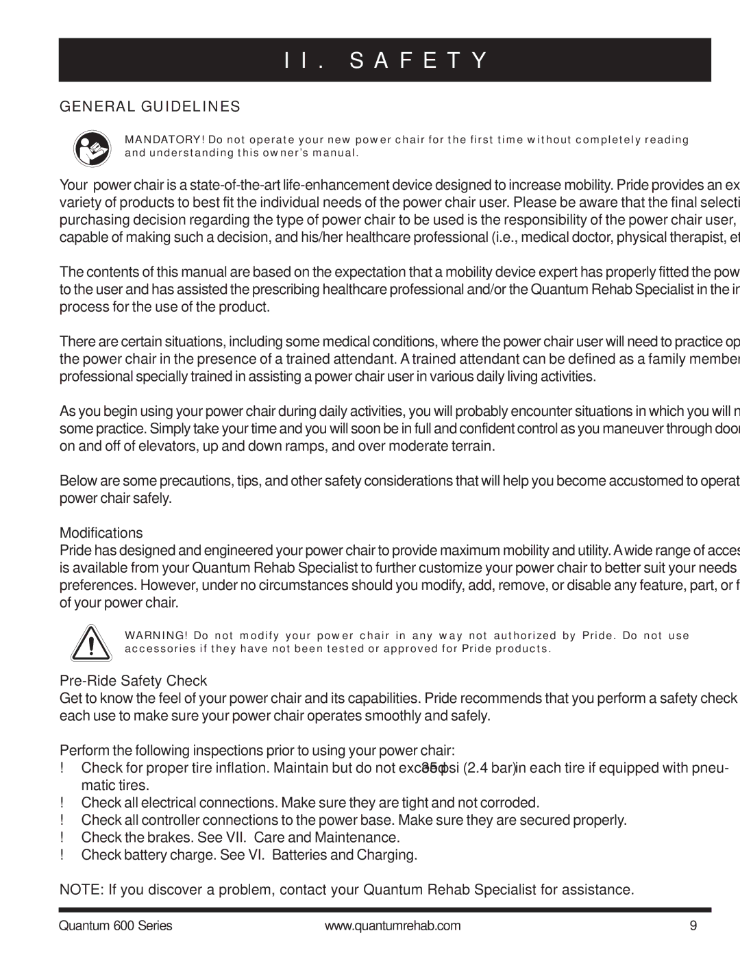 Pride Mobility 600 SP manual General Guidelines, Modifications, Pre-Ride Safety Check 