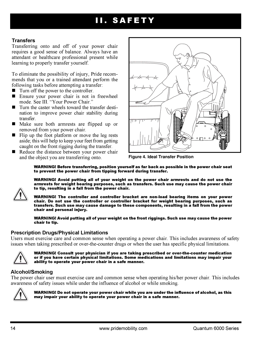 Pride Mobility 6000 manual Transfers, Prescription Drugs/Physical Limitations, Alcohol/Smoking 