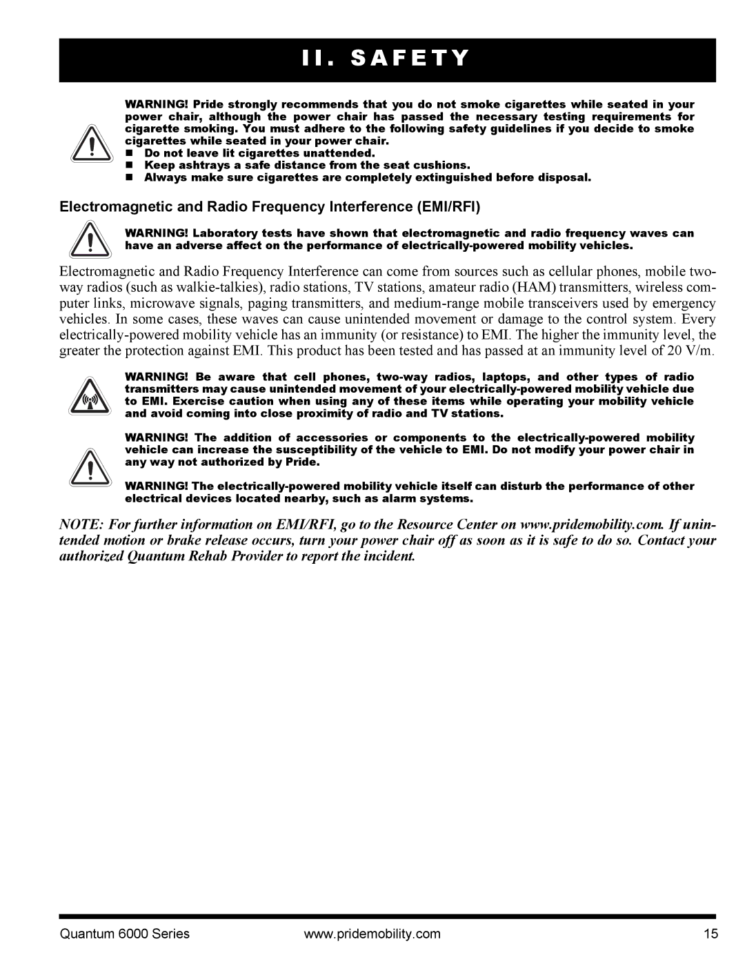 Pride Mobility 6000 manual Electromagnetic and Radio Frequency Interference EMI/RFI 