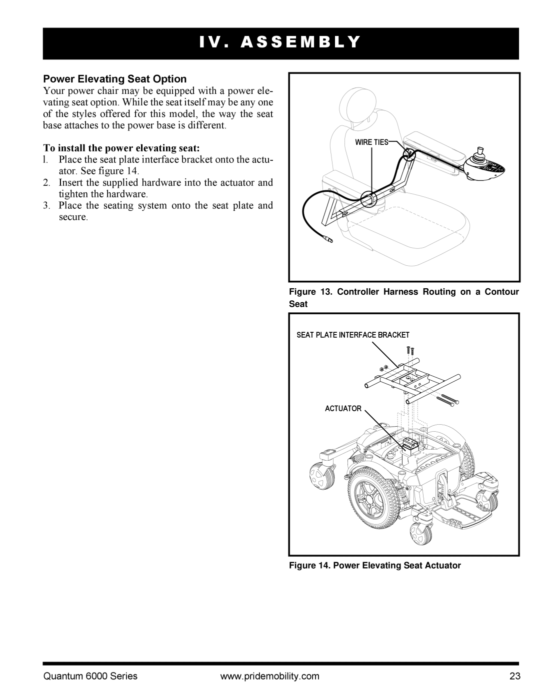 Pride Mobility 6000 manual Power Elevating Seat Option, To install the power elevating seat 