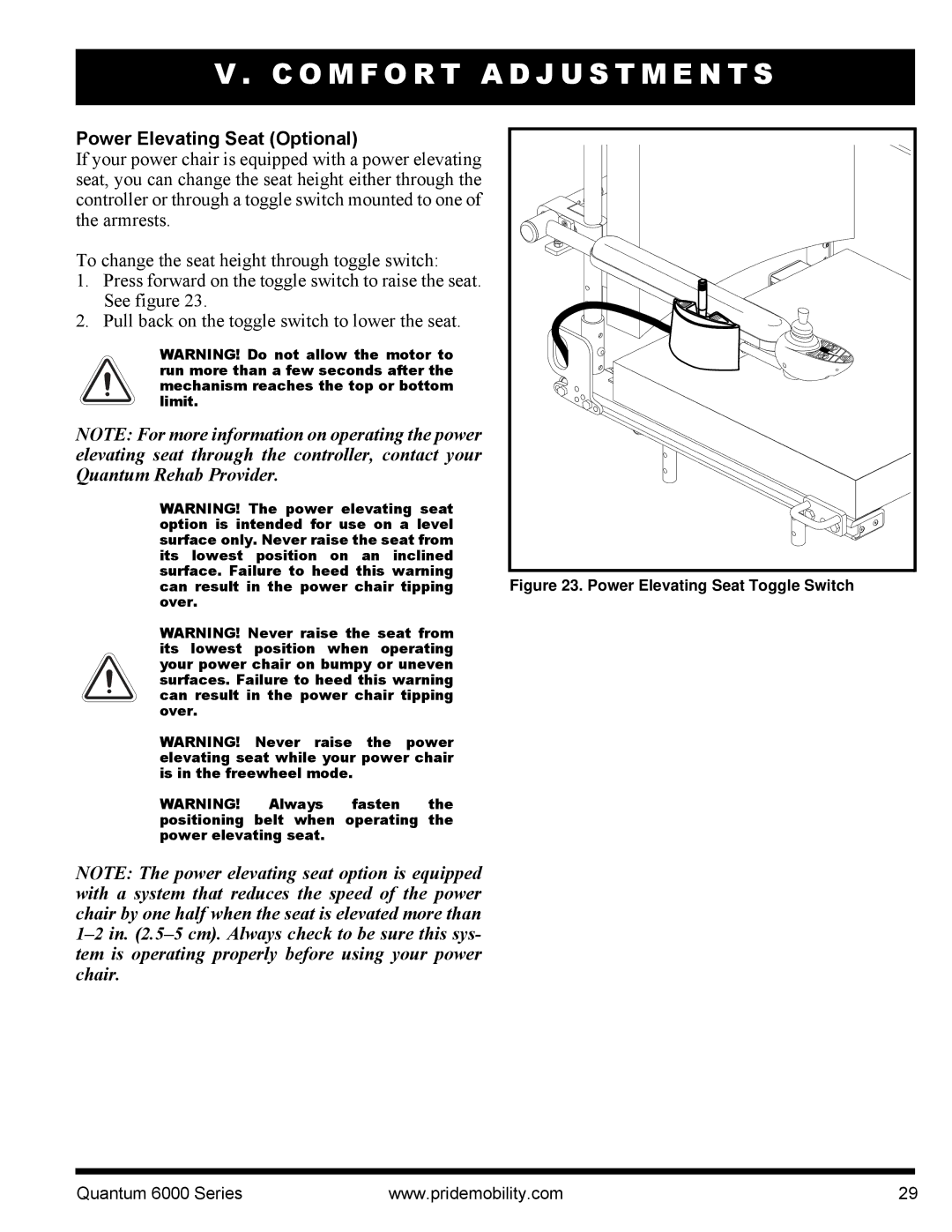 Pride Mobility 6000 manual Power Elevating Seat Optional, To change the seat height through toggle switch 