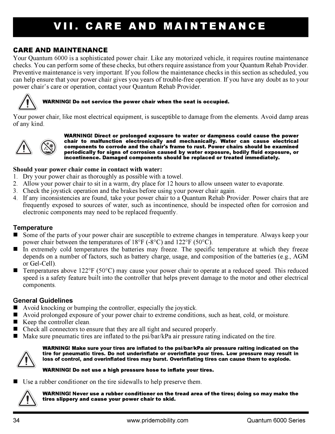 Pride Mobility 6000 manual I . C a R E a N D M a I N T E N a N C E, Care and Maintenance, Temperature, General Guidelines 