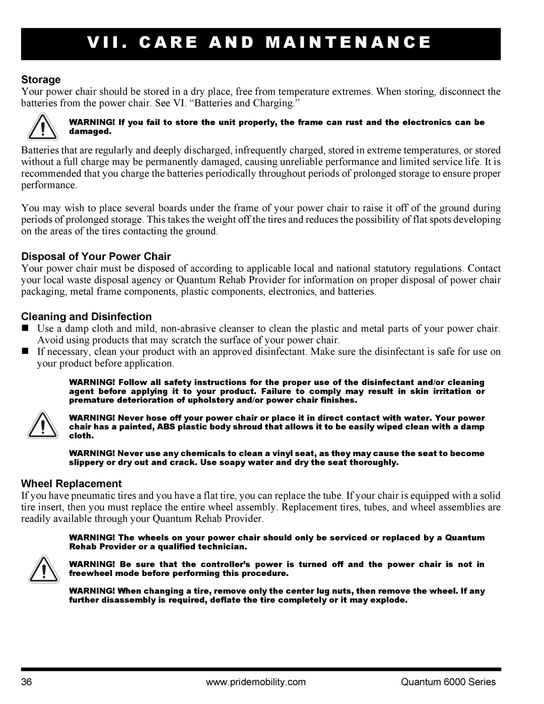 Pride Mobility 6000 manual Storage, Disposal of Your Power Chair, Cleaning and Disinfection, Wheel Replacement 