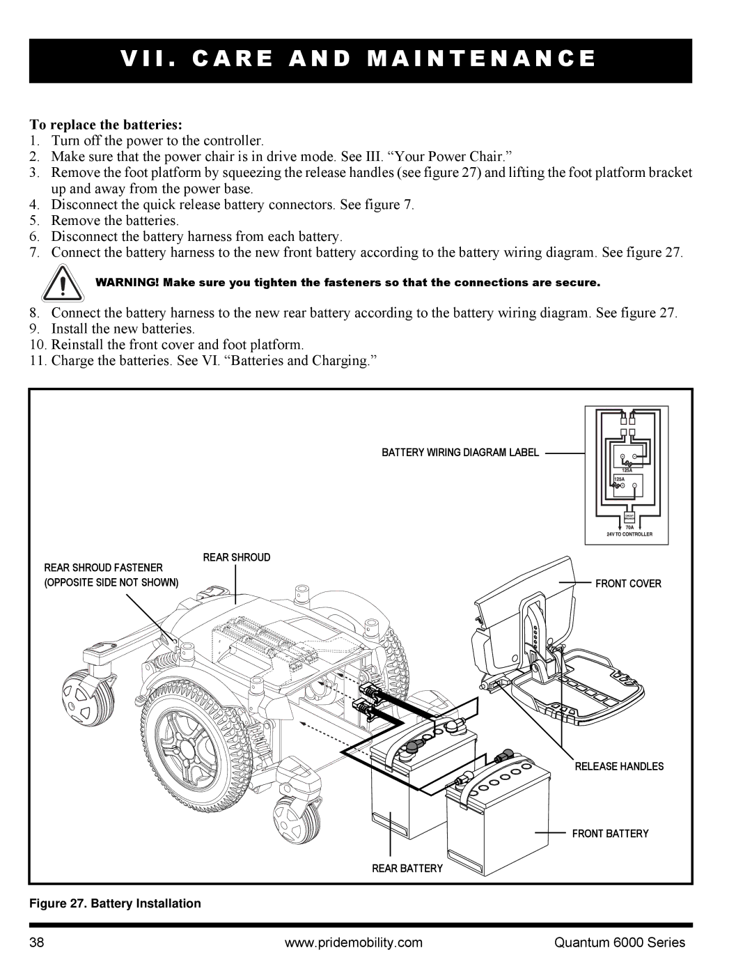 Pride Mobility 6000 manual To replace the batteries, Battery Installation 