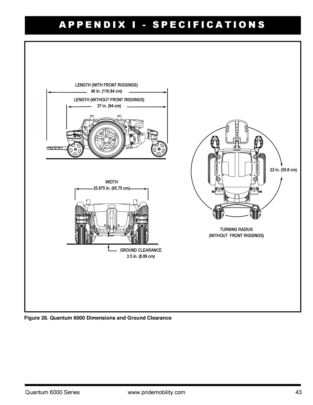 Pride Mobility manual Quantum 6000 Dimensions and Ground Clearance 