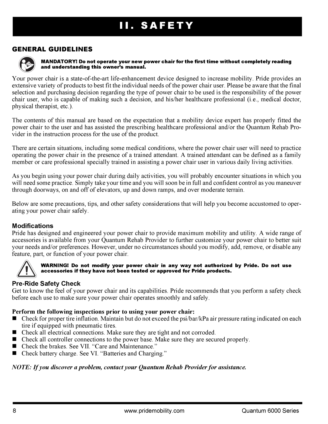 Pride Mobility 6000 manual General Guidelines, Modifications, Pre-Ride Safety Check 