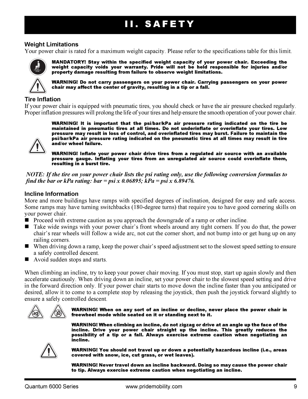 Pride Mobility 6000 manual Weight Limitations, Tire Inflation, Incline Information 