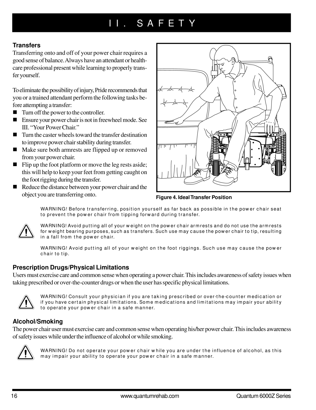 Pride Mobility 6000Z 3MP, 6000Z 4MP, 6000Z 3SP manual Transfers, Prescription Drugs/Physical Limitations, Alcohol/Smoking 