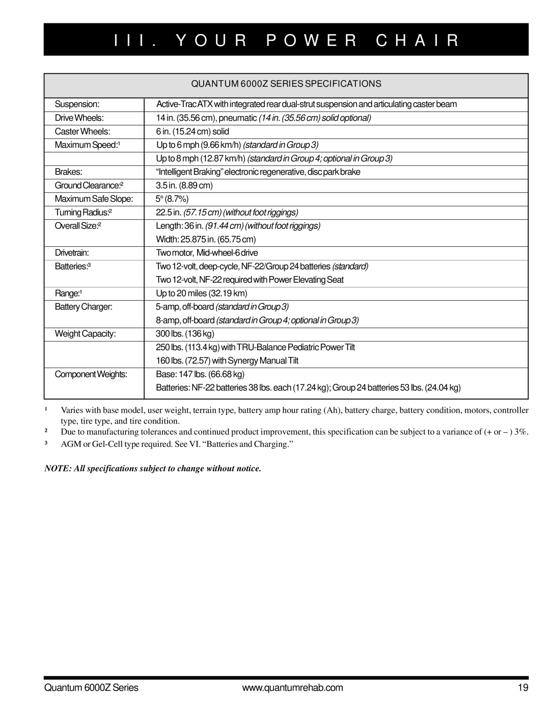 Pride Mobility 6000Z 4MP, 6000Z 3SP, 6000Z 3MP, 6000Z 4SP manual Quantum 6000Z Series Specifications 