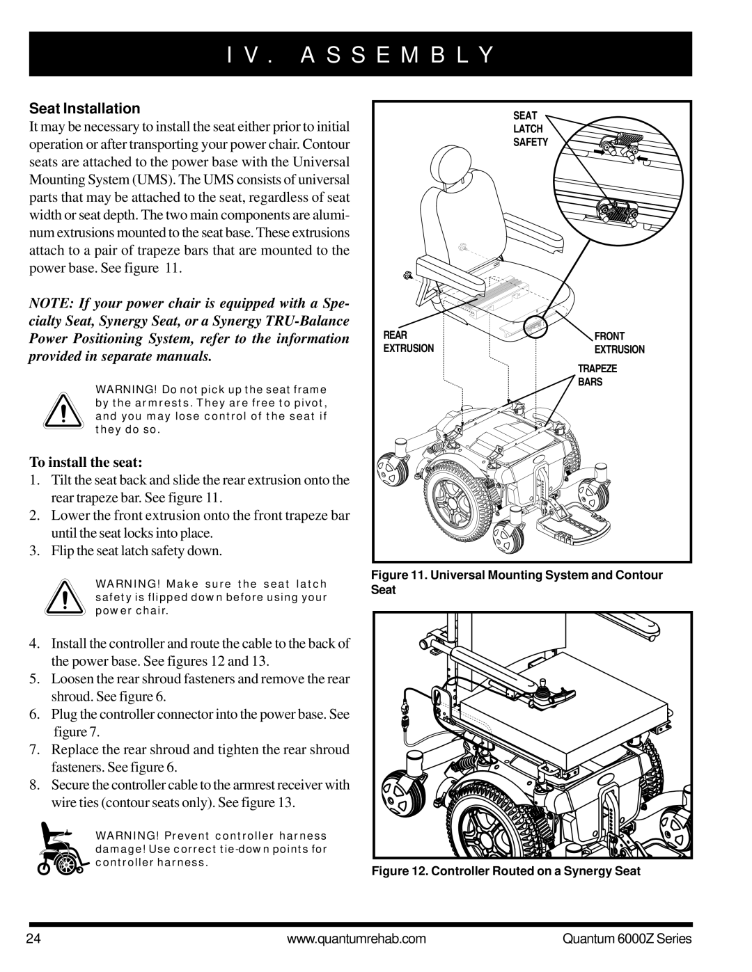 Pride Mobility 6000Z 4MP, 6000Z 3SP, 6000Z 3MP, 6000Z 4SP manual Seat Installation, To install the seat 