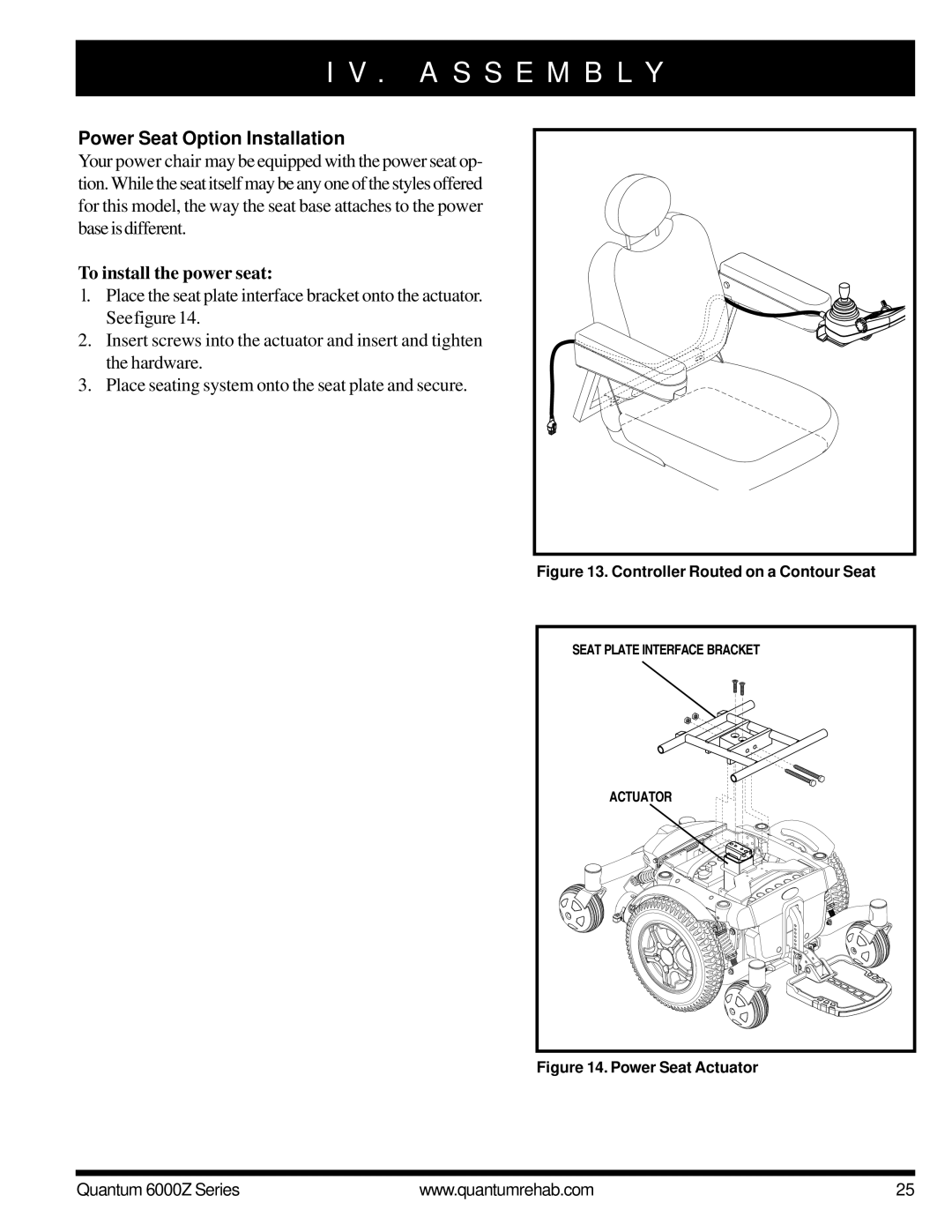 Pride Mobility 6000Z 4MP, 6000Z 3SP, 6000Z 4S, 6000Z 3MP manual Power Seat Option Installation, To install the power seat 