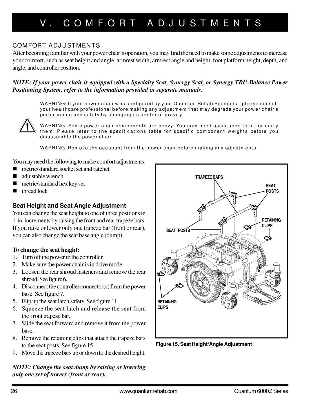 Pride Mobility 6000Z 3SP O M F O R T a D J U S T M E N T S, Comfort Adjustments, Seat Height and Seat Angle Adjustment 