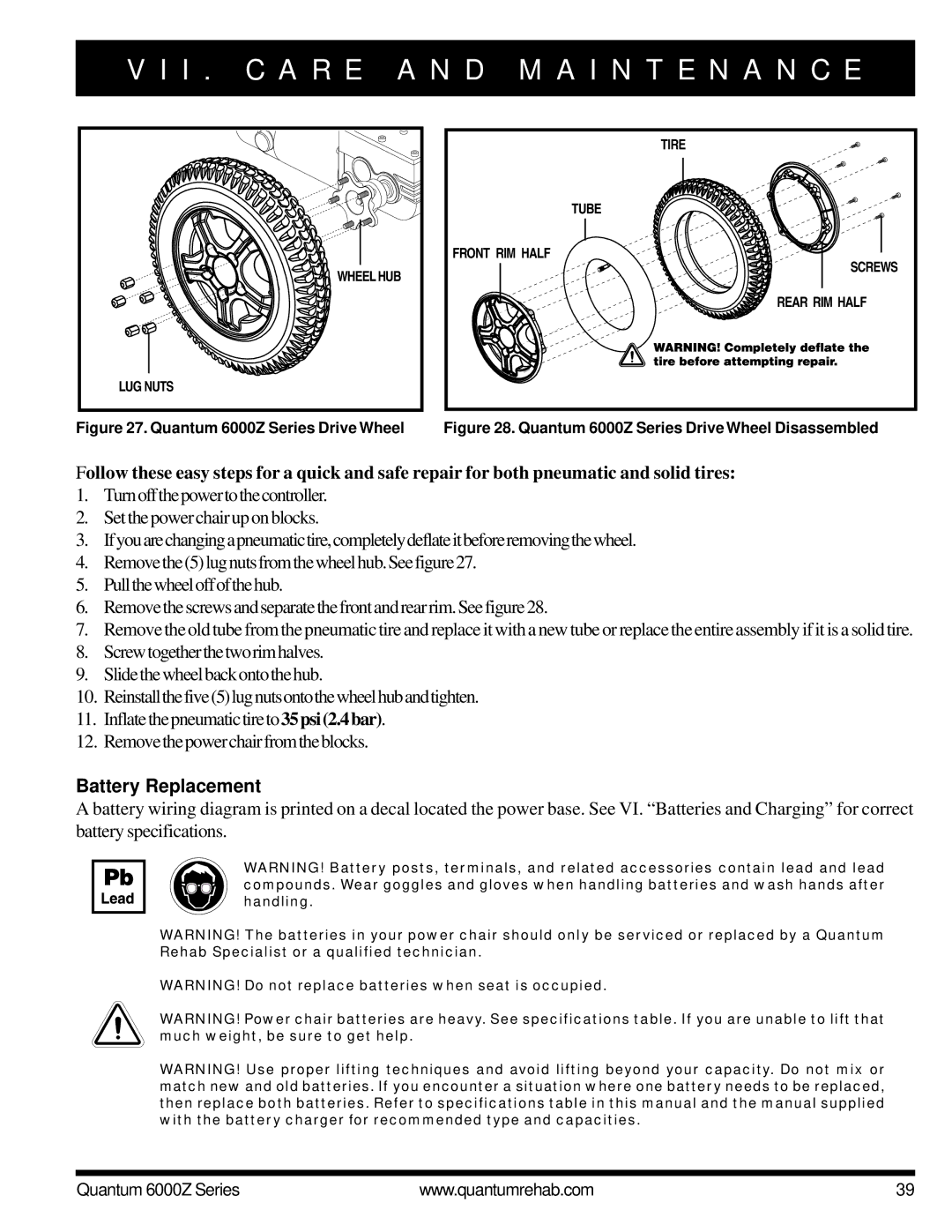 Pride Mobility 6000Z 4MP, 6000Z 3SP, 6000Z 3MP, 6000Z 4SP manual Battery Replacement, Quantum 6000Z Series Drive Wheel 