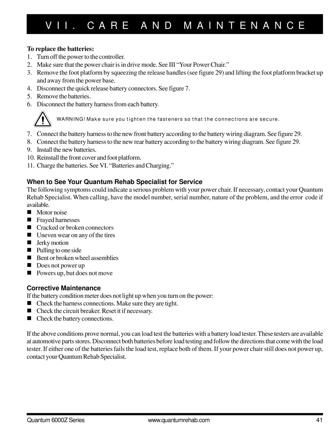 Pride Mobility 6000Z 4SP, 6000Z 3S manual To replace the batteries, When to See Your Quantum Rehab Specialist for Service 