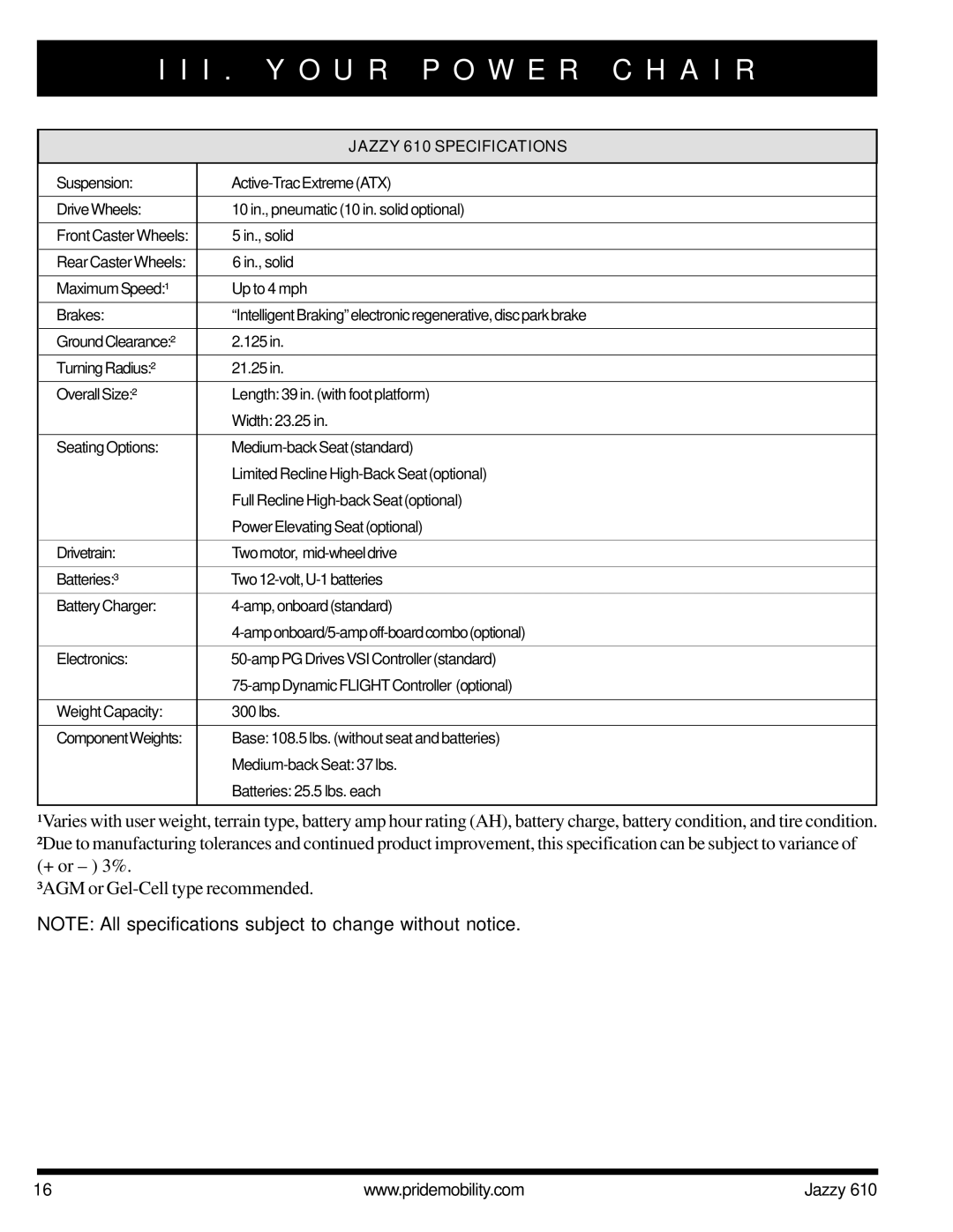 Pride Mobility owner manual Jazzy 610 Specifications 