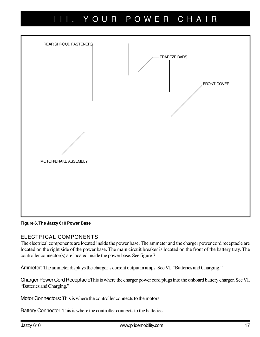 Pride Mobility owner manual Electrical Components, Jazzy 610 Power Base 