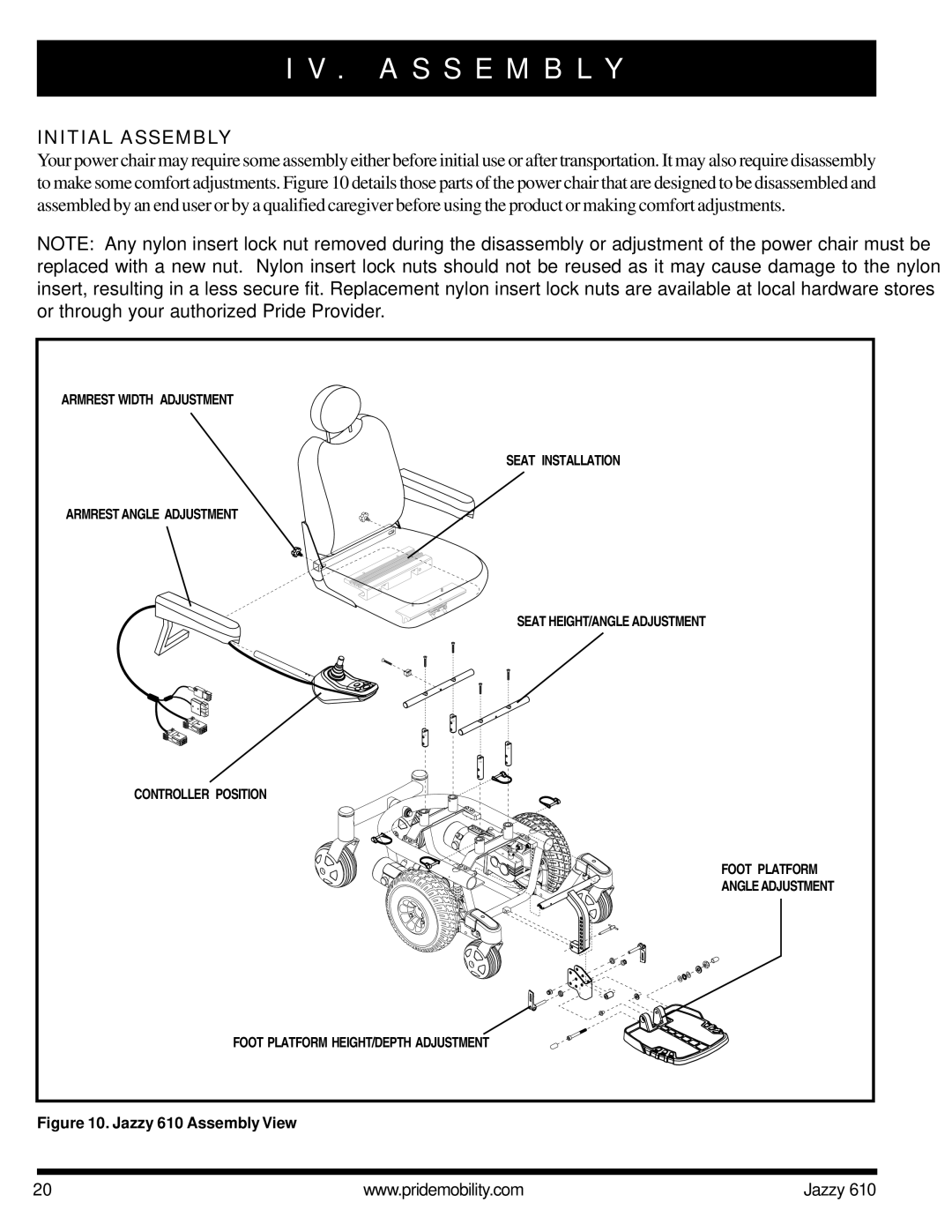 Pride Mobility 610 owner manual A S S E M B L Y, Initial Assembly 