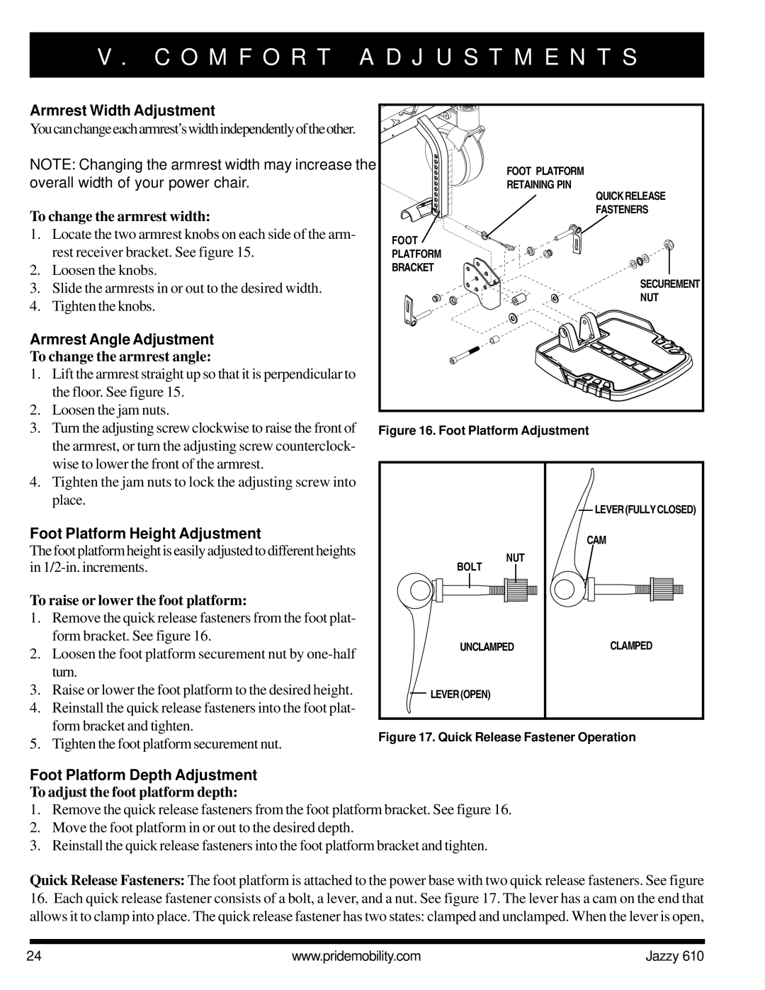 Pride Mobility 610 owner manual Armrest Width Adjustment, Armrest Angle Adjustment, Foot Platform Height Adjustment 