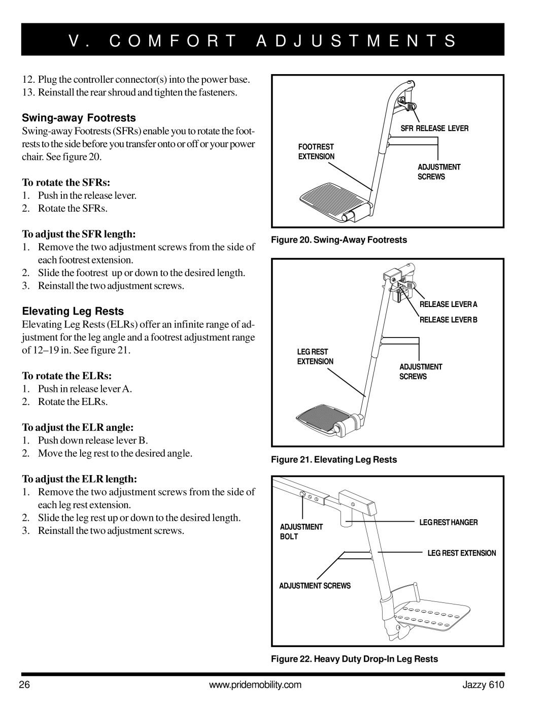 Pride Mobility 610 owner manual Swing-away Footrests, Elevating Leg Rests 