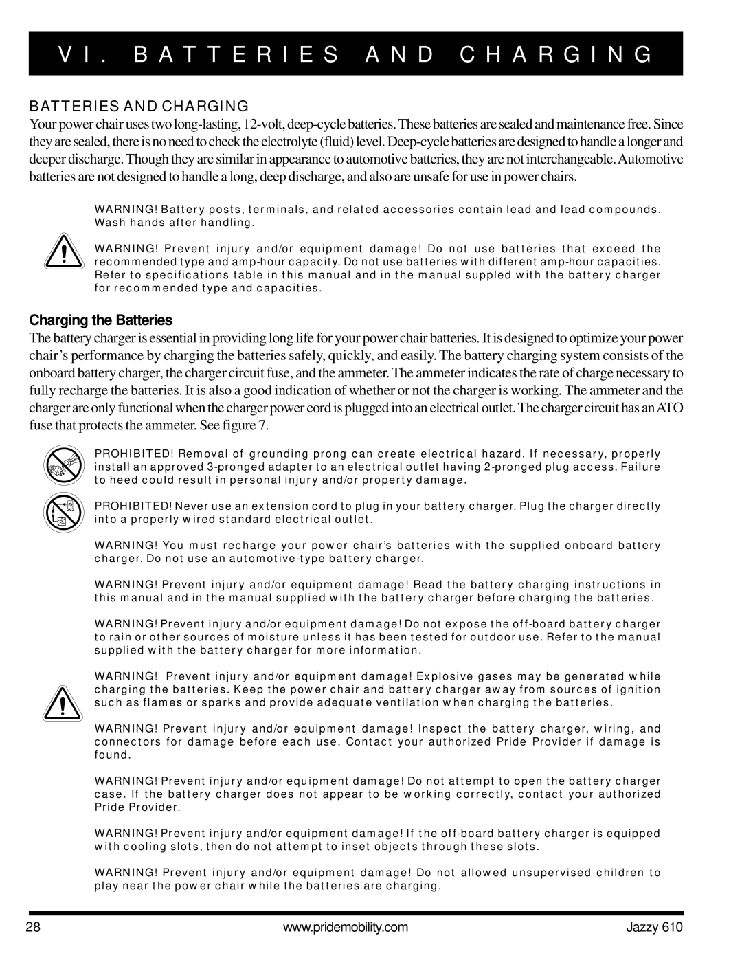 Pride Mobility 610 owner manual B a T T E R I E S a N D C H a R G I N G, Batteries and Charging, Charging the Batteries 