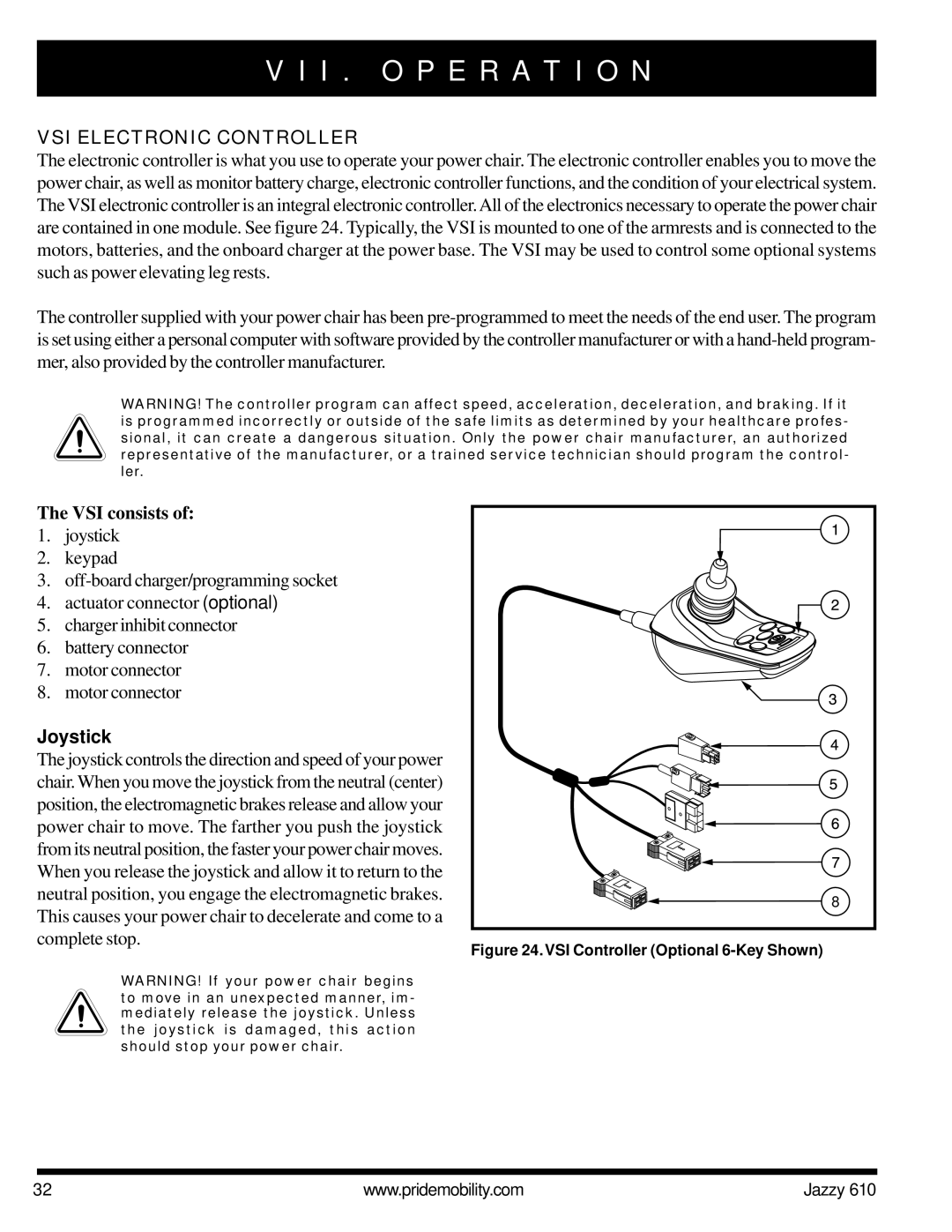 Pride Mobility 610 owner manual I . O P E R a T I O N, VSI Electronic Controller, VSI consists, Joystick 