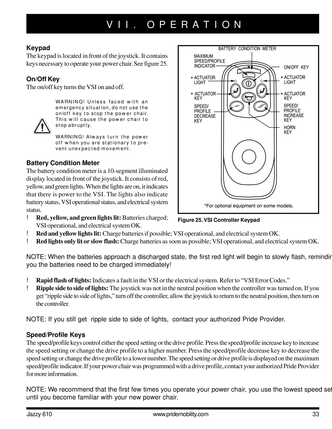 Pride Mobility 610 owner manual Keypad, On/Off Key, Battery Condition Meter, Speed/Profile Keys 