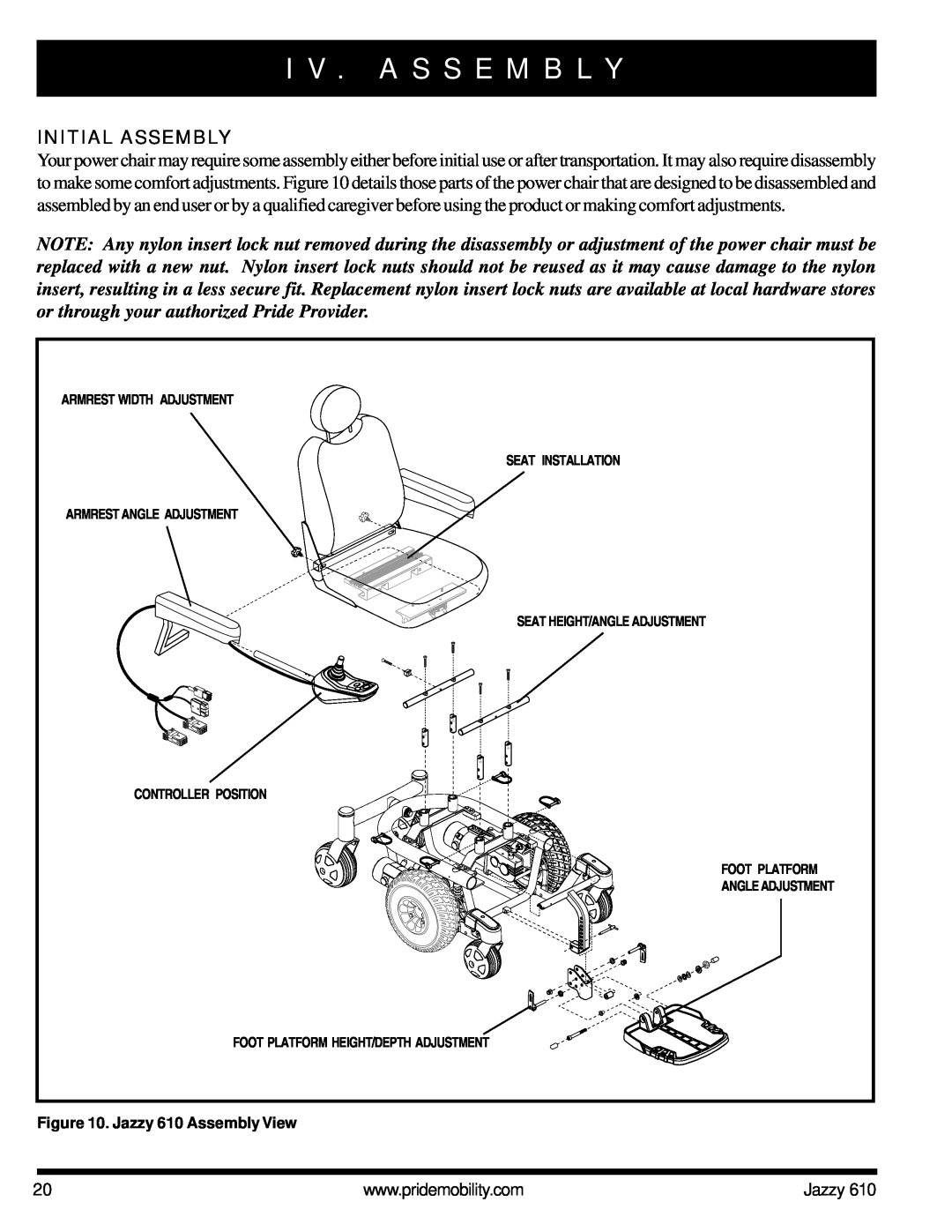 Pride Mobility 610 owner manual I V . A S S E M B L Y, Initial Assembly 