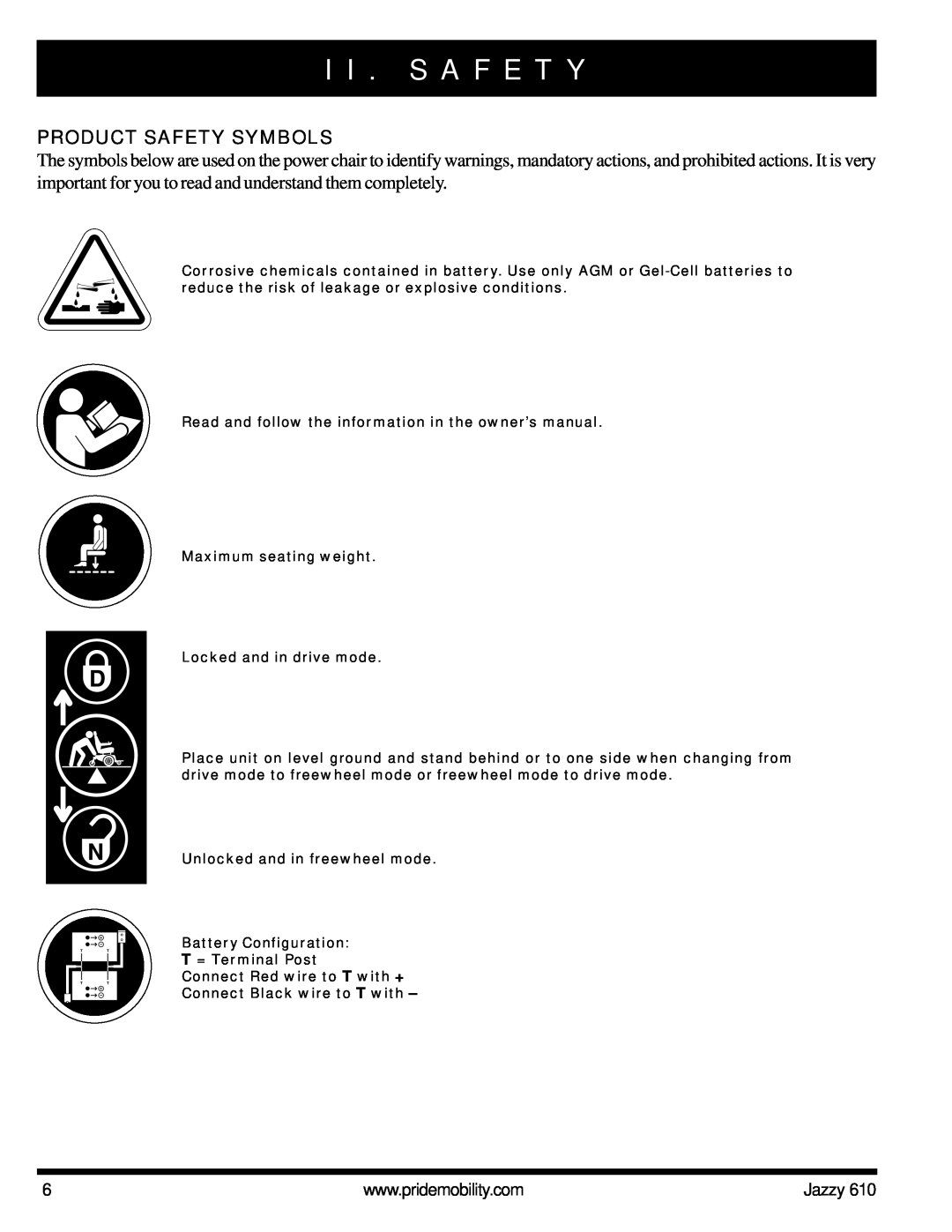 Pride Mobility 610 owner manual I I . S A F E T Y, Product Safety Symbols, Jazzy 