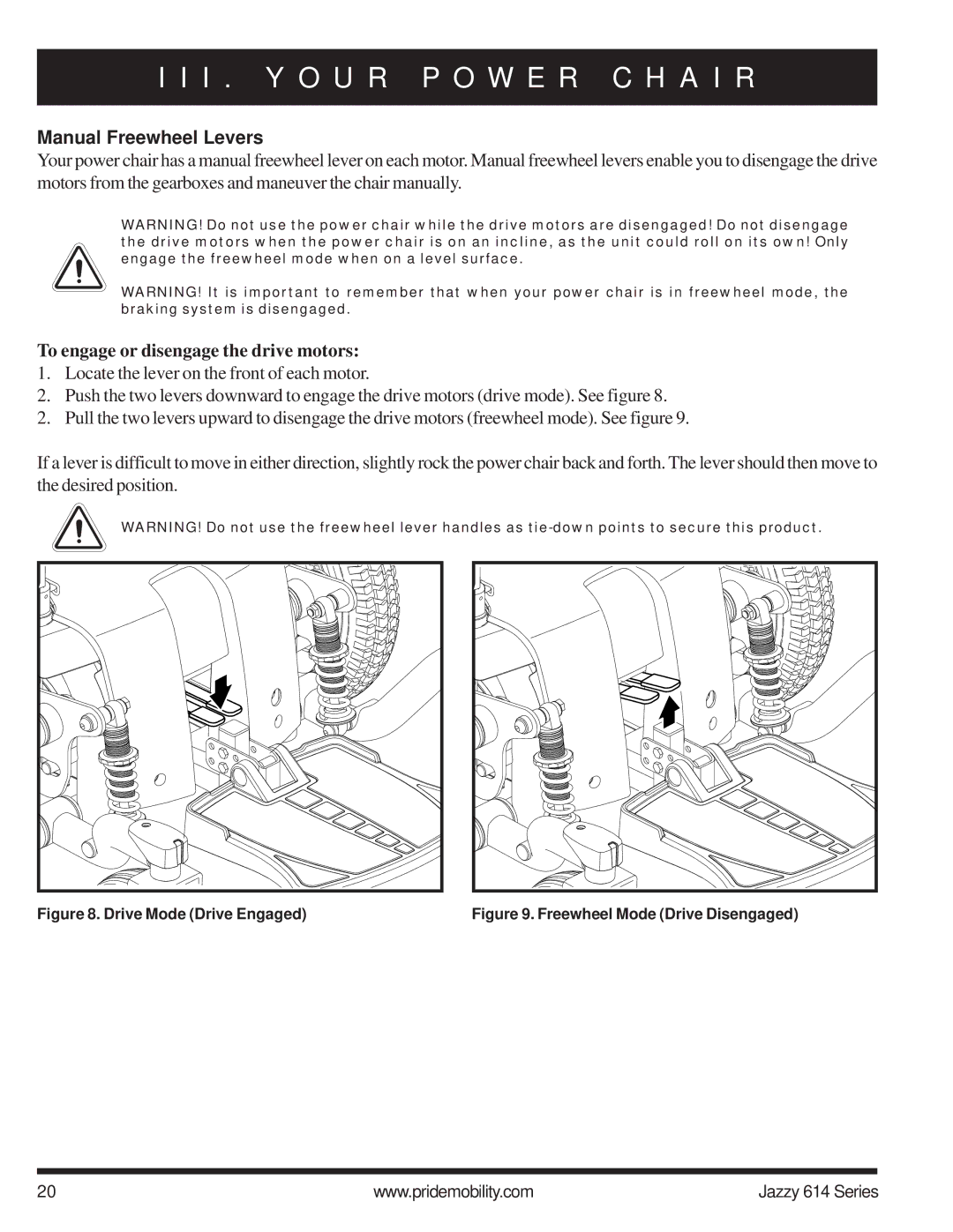 Pride Mobility 614 2HD, 614 2SP manual Manual Freewheel Levers, To engage or disengage the drive motors 