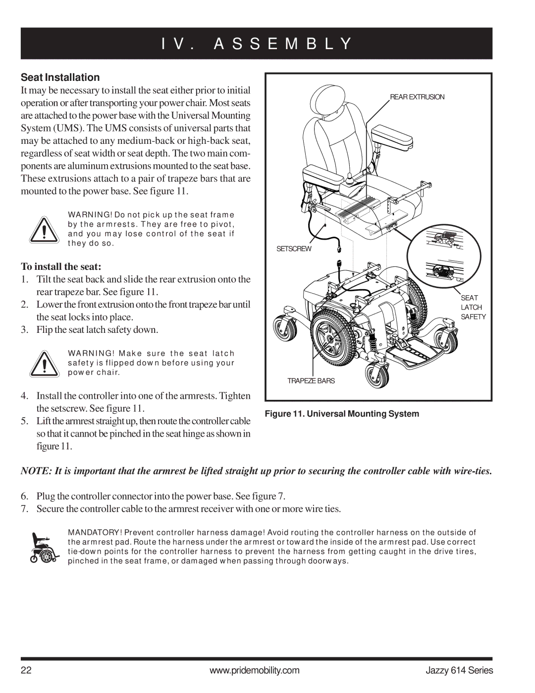 Pride Mobility 614 2SP, 614 2HD manual Seat Installation, To install the seat 