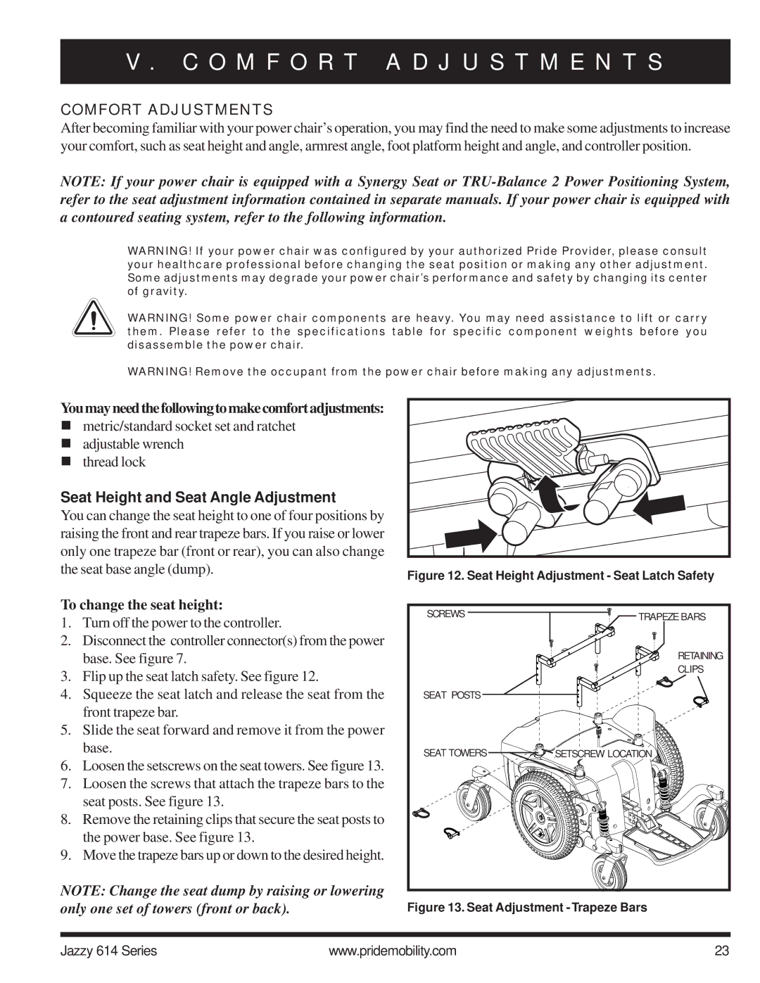 Pride Mobility 614 2S manual O M F O R T a D J U S T M E N T S, Comfort Adjustments, Seat Height and Seat Angle Adjustment 