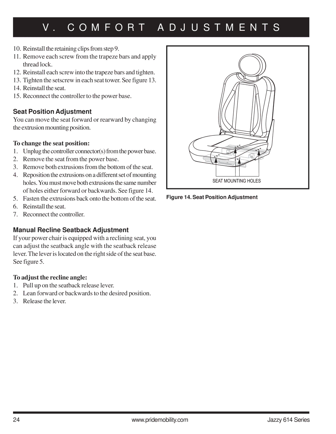 Pride Mobility 614 2HD, 614 2SP Seat Position Adjustment, To change the seat position, Manual Recline Seatback Adjustment 