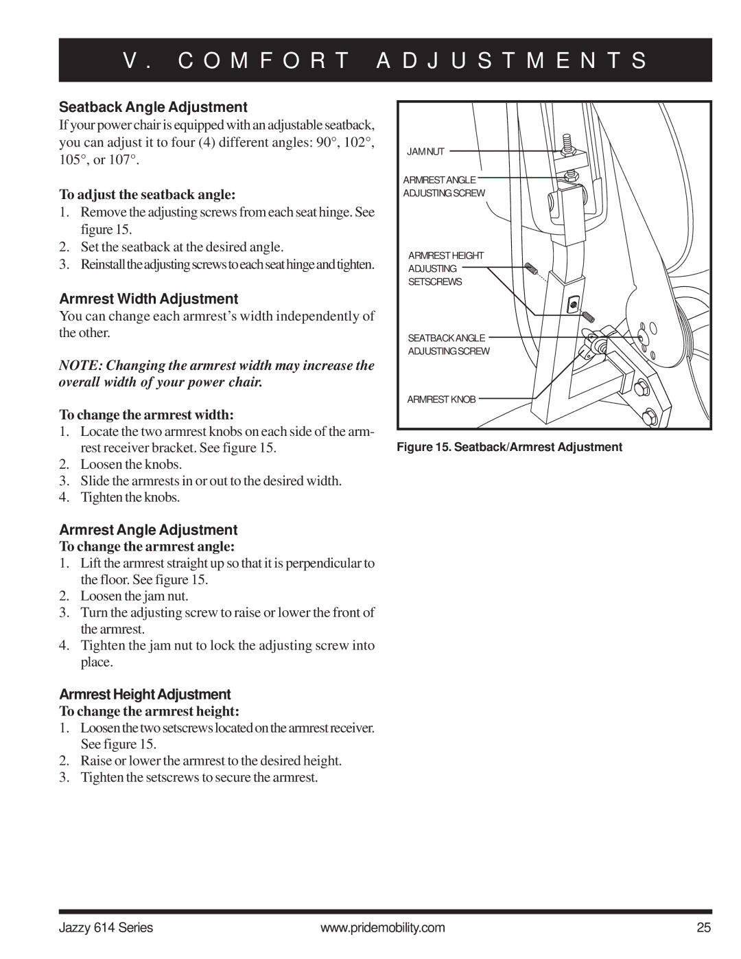 Pride Mobility 614 2SP, 614 2HD manual Seatback Angle Adjustment, Armrest Width Adjustment, Armrest Angle Adjustment 