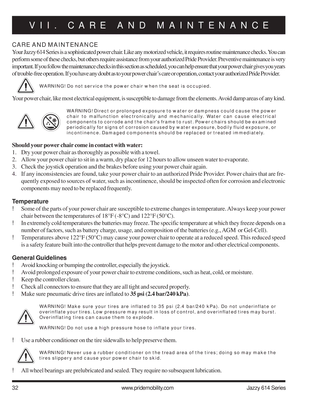 Pride Mobility 614 2S manual I . C a R E a N D M a I N T E N a N C E, Care and Maintenance, Temperature, General Guidelines 