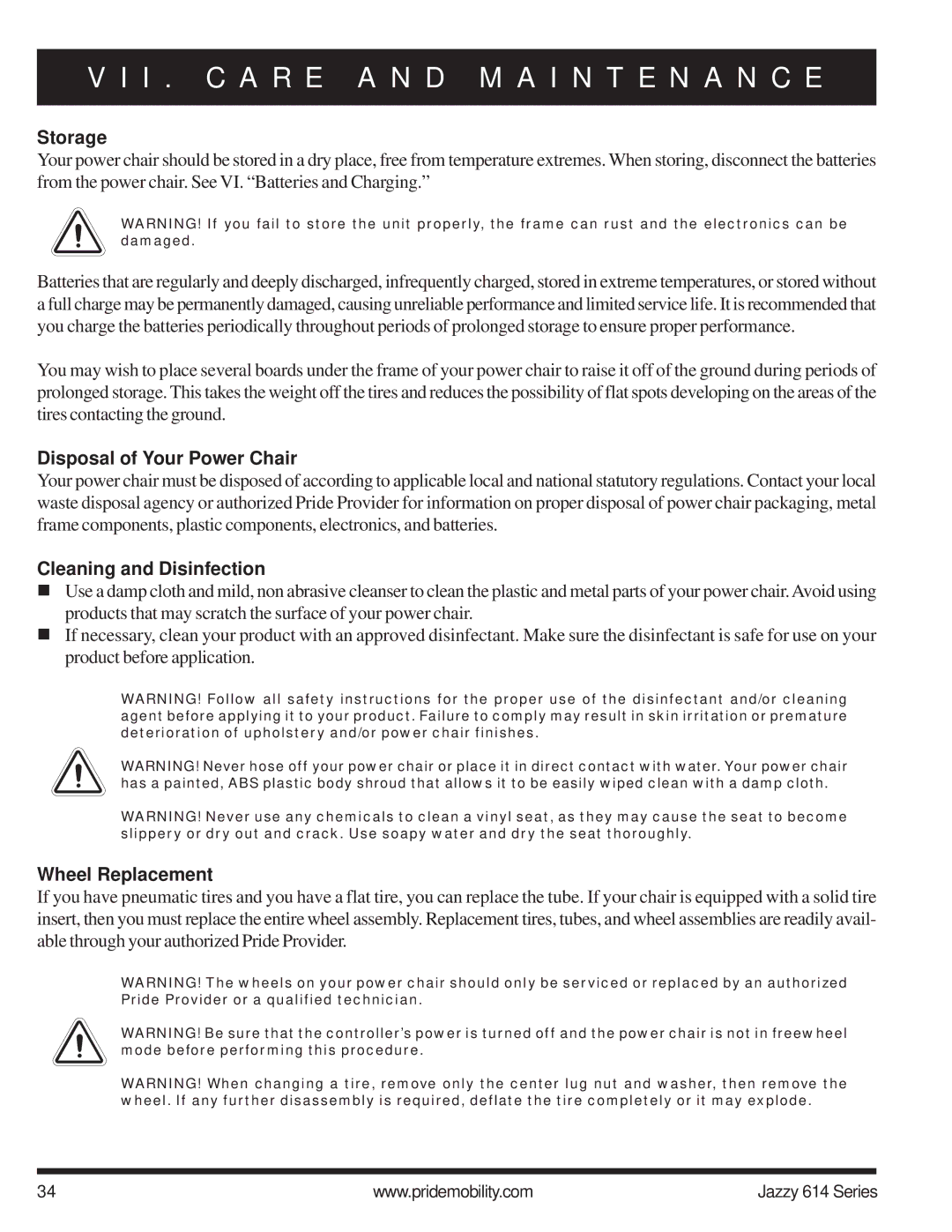 Pride Mobility 614 2SP, 614 2HD manual Storage, Disposal of Your Power Chair, Cleaning and Disinfection, Wheel Replacement 