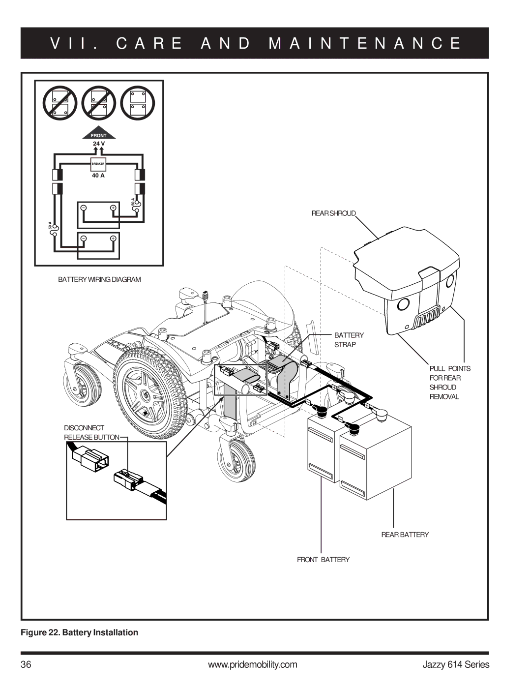 Pride Mobility 614 2HD, 614 2SP manual Battery Installation 