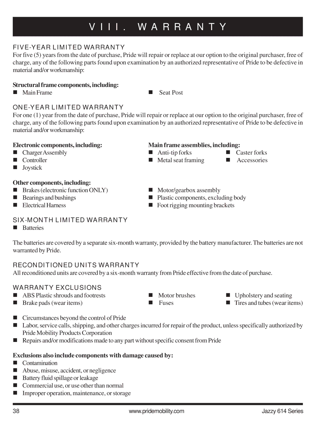 Pride Mobility 614 2HD, 614 2SP manual I I . W a R R a N T Y 
