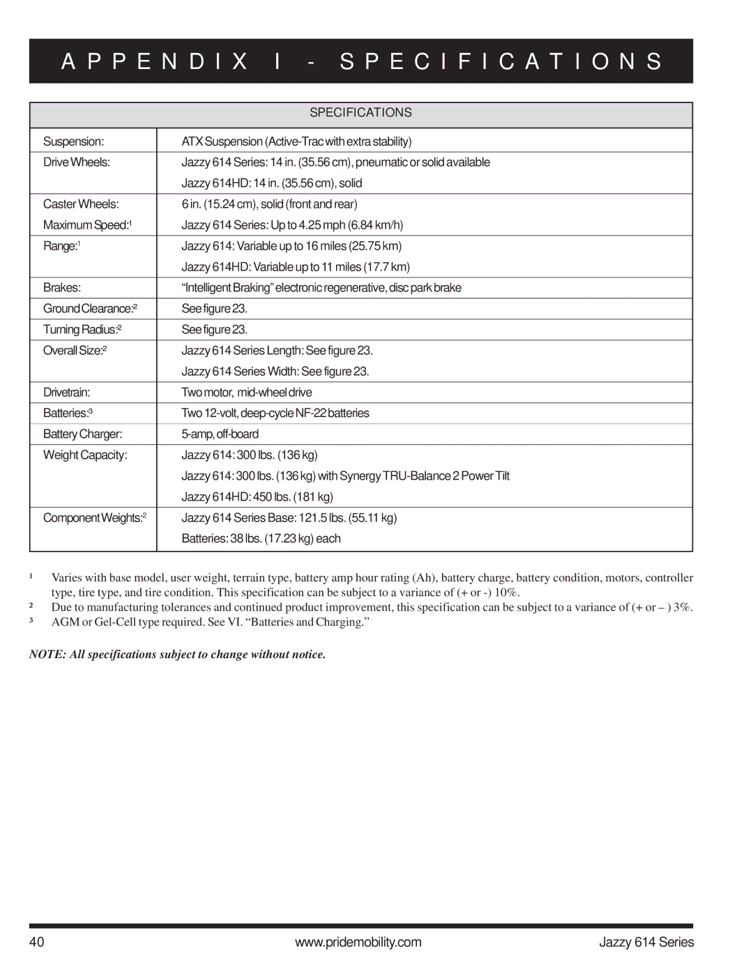 Pride Mobility 614 2SP, 614 2HD manual P E N D I X I Specification S, Specifications 