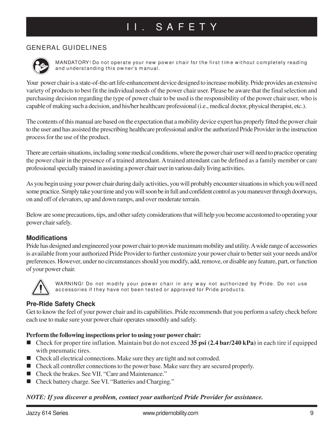 Pride Mobility 614 2HD, 614 2SP manual General Guidelines, Modifications, Pre-Ride Safety Check 
