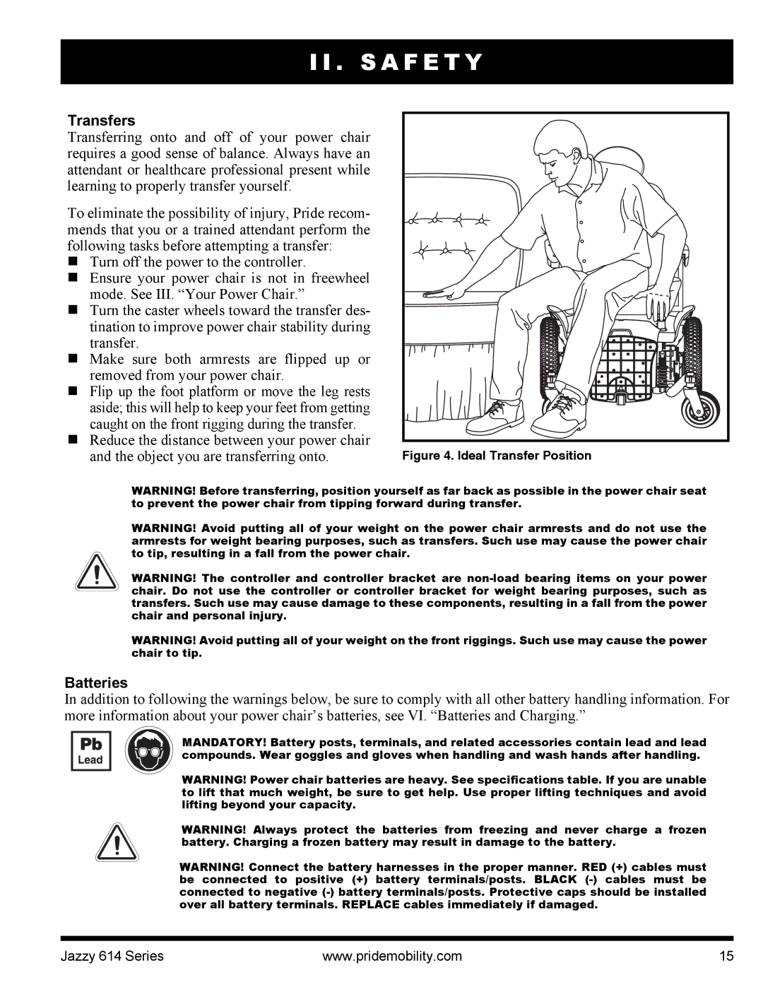 Pride Mobility 614 manual Transfers, Object you are transferring onto, Batteries 