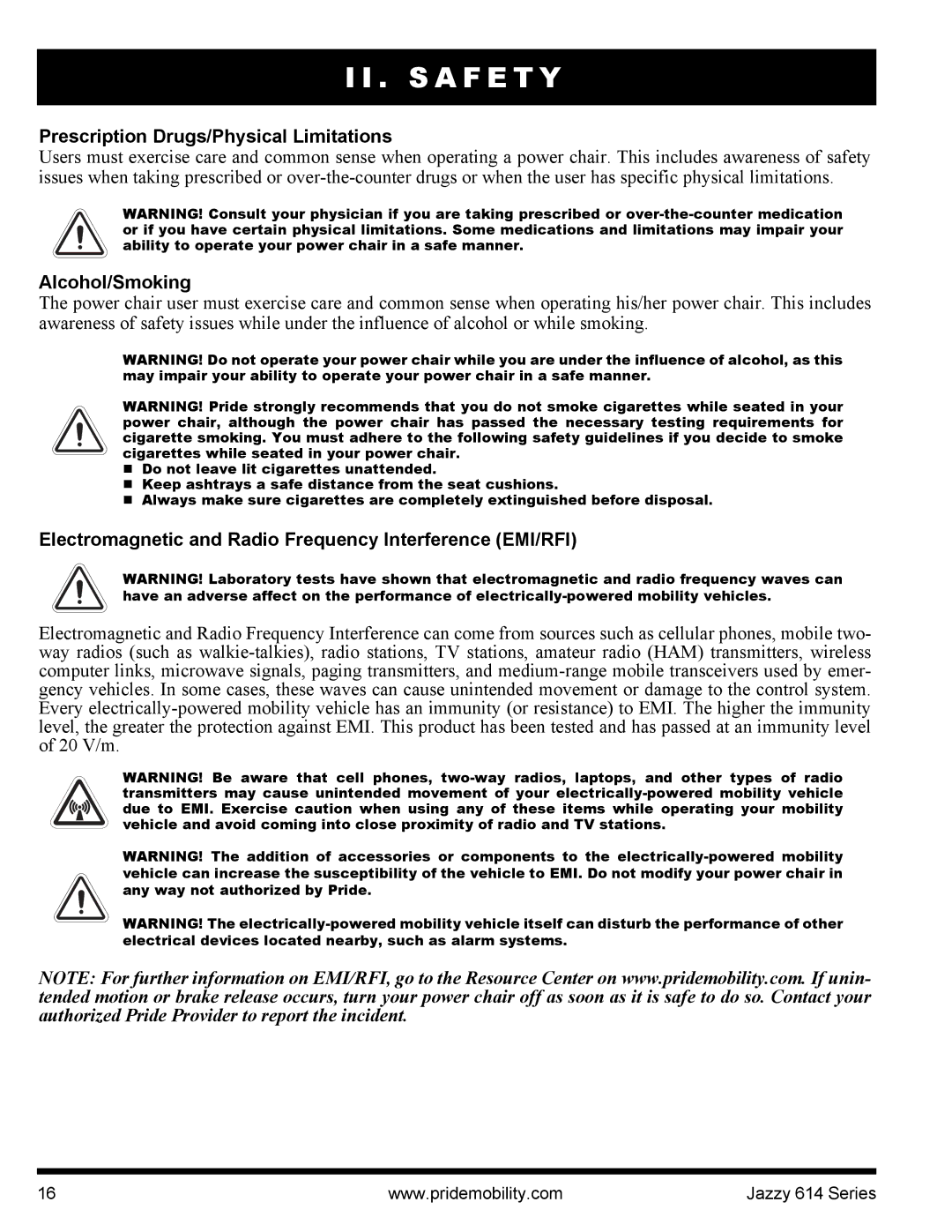 Pride Mobility 614 manual Prescription Drugs/Physical Limitations, Alcohol/Smoking 