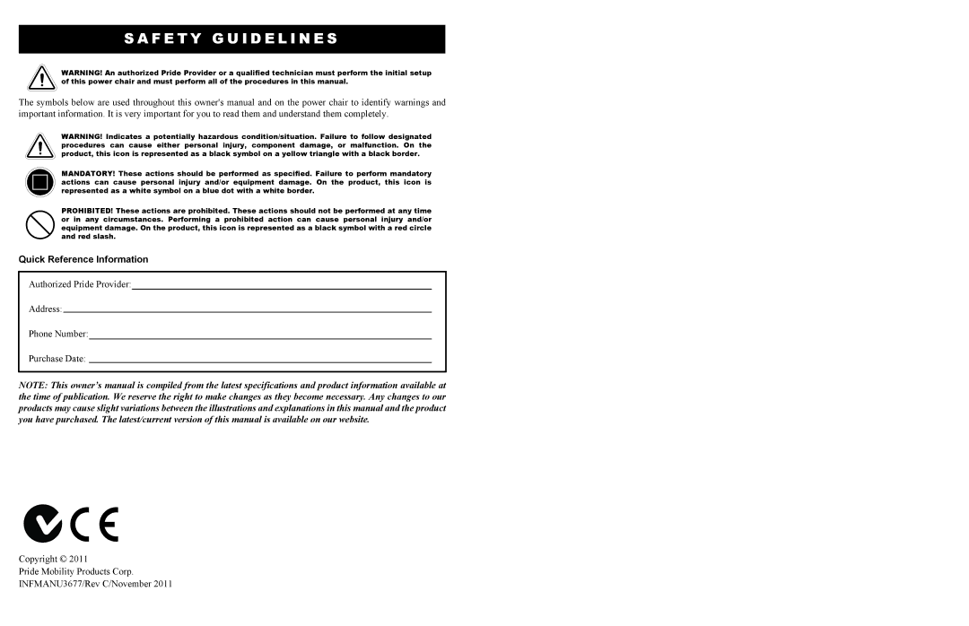 Pride Mobility 614 manual F E T Y G U I D E L I N E S, Quick Reference Information 