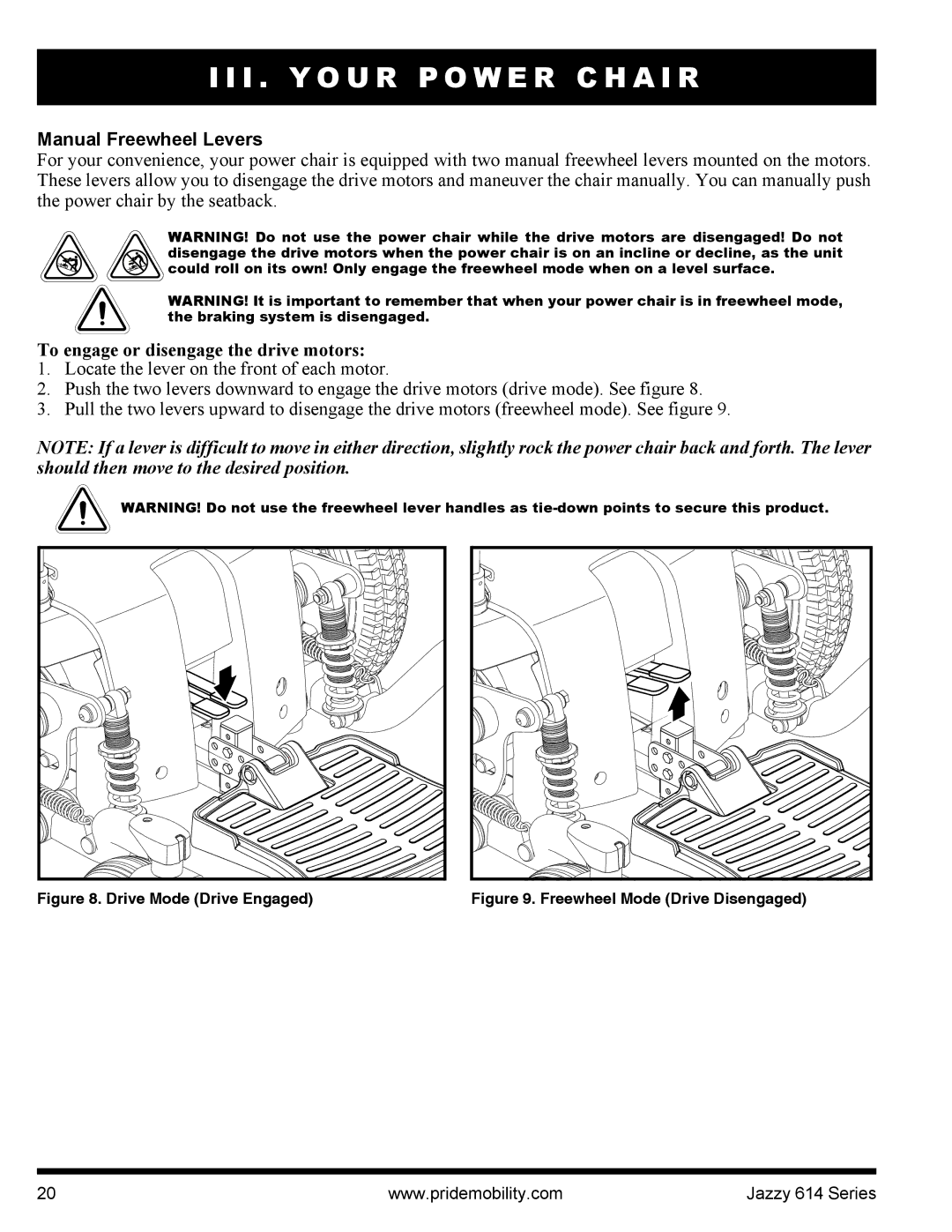 Pride Mobility 614 manual Manual Freewheel Levers, To engage or disengage the drive motors 