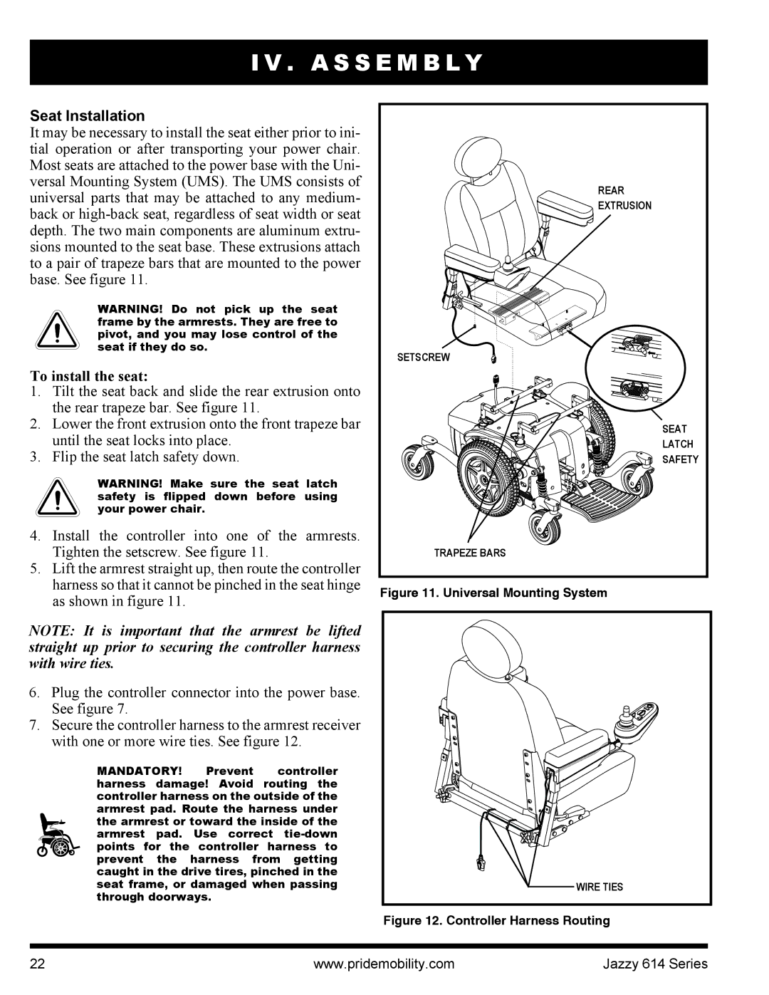 Pride Mobility 614 manual Seat Installation, To install the seat 