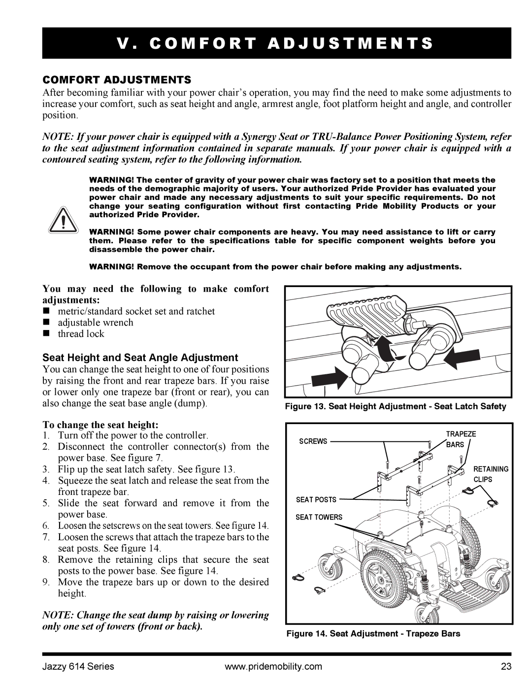 Pride Mobility 614 manual O M F O R T a D J U S T M E N T S, Comfort Adjustments, Seat Height and Seat Angle Adjustment 