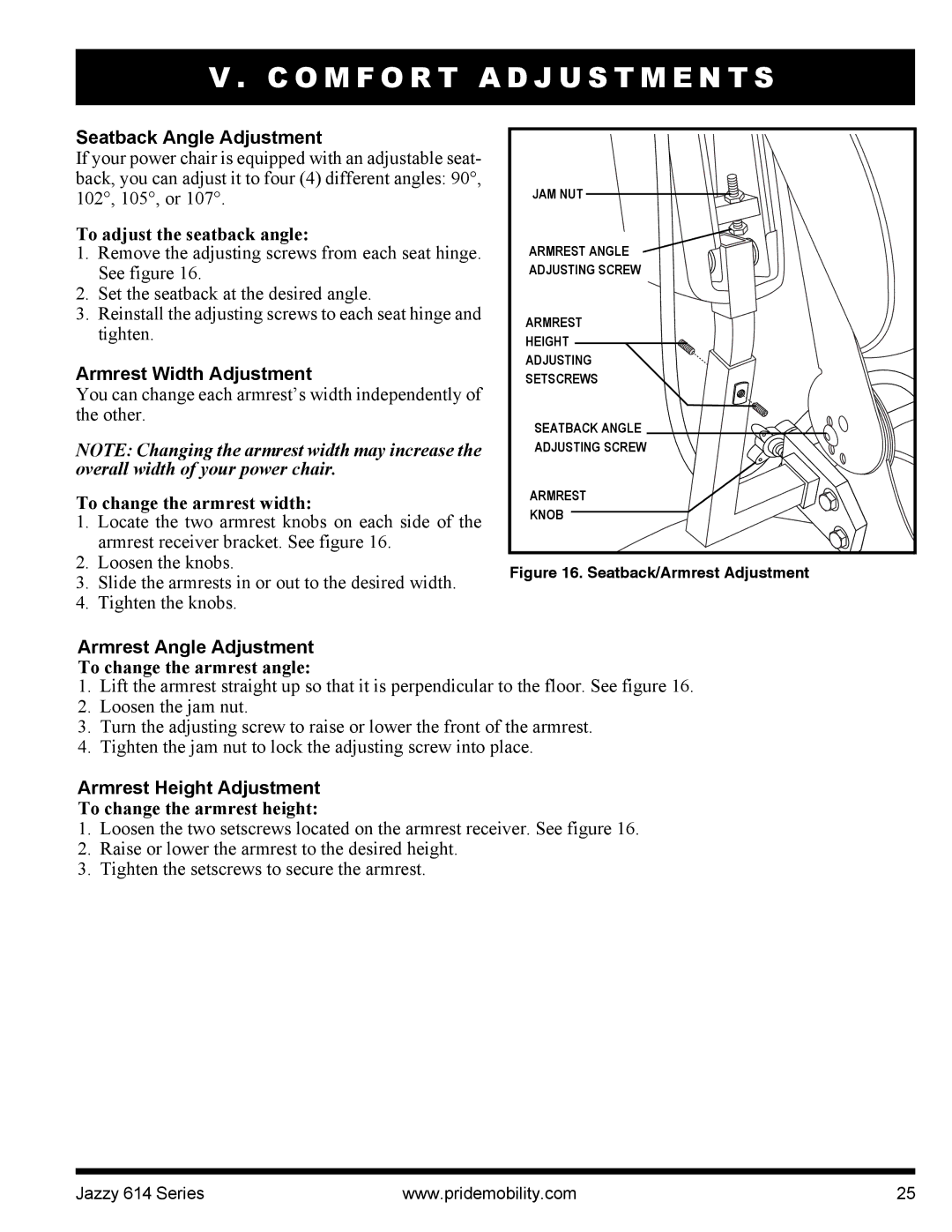 Pride Mobility 614 manual Seatback Angle Adjustment, Armrest Width Adjustment, Armrest Angle Adjustment 