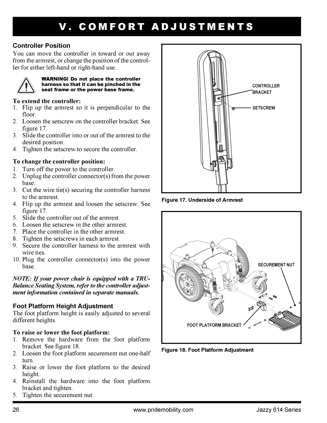 Pride Mobility 614 manual Controller Position, To extend the controller, To change the controller position 